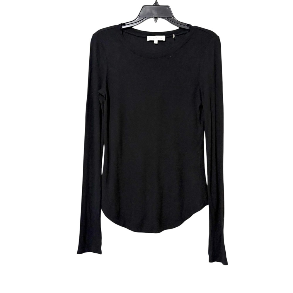 White + Warren Black Ribbed Knit Long Sleeve Shirt Medium Neutral Minimalist